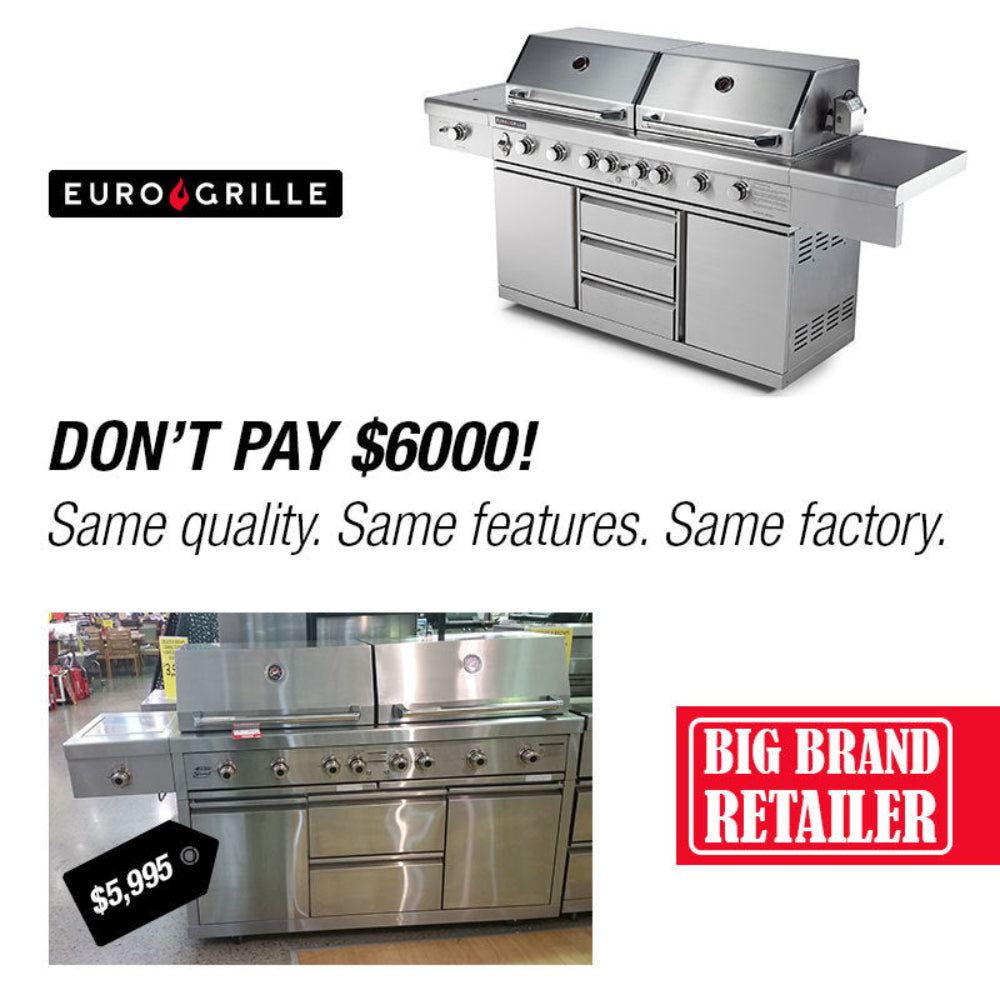 Comparing a stainless steel EuroGrille 9 Burner Outdoor BBQ Grill against a more expensive brand, and set on a white background.