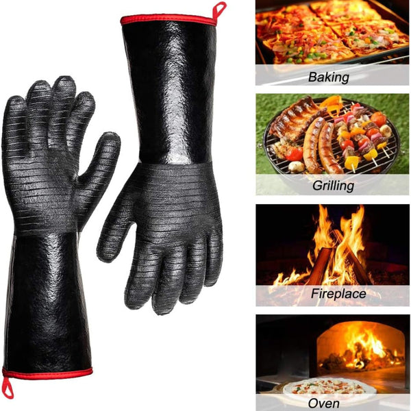 Black oven gloves with red lining on a white background, used for baking, grilling, and cooking.