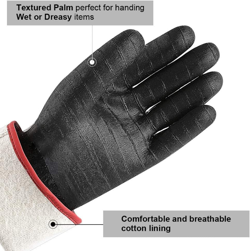 Black glove with textured palm and red lining on a white background