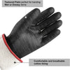 Black glove with textured palm and red lining on a white background
