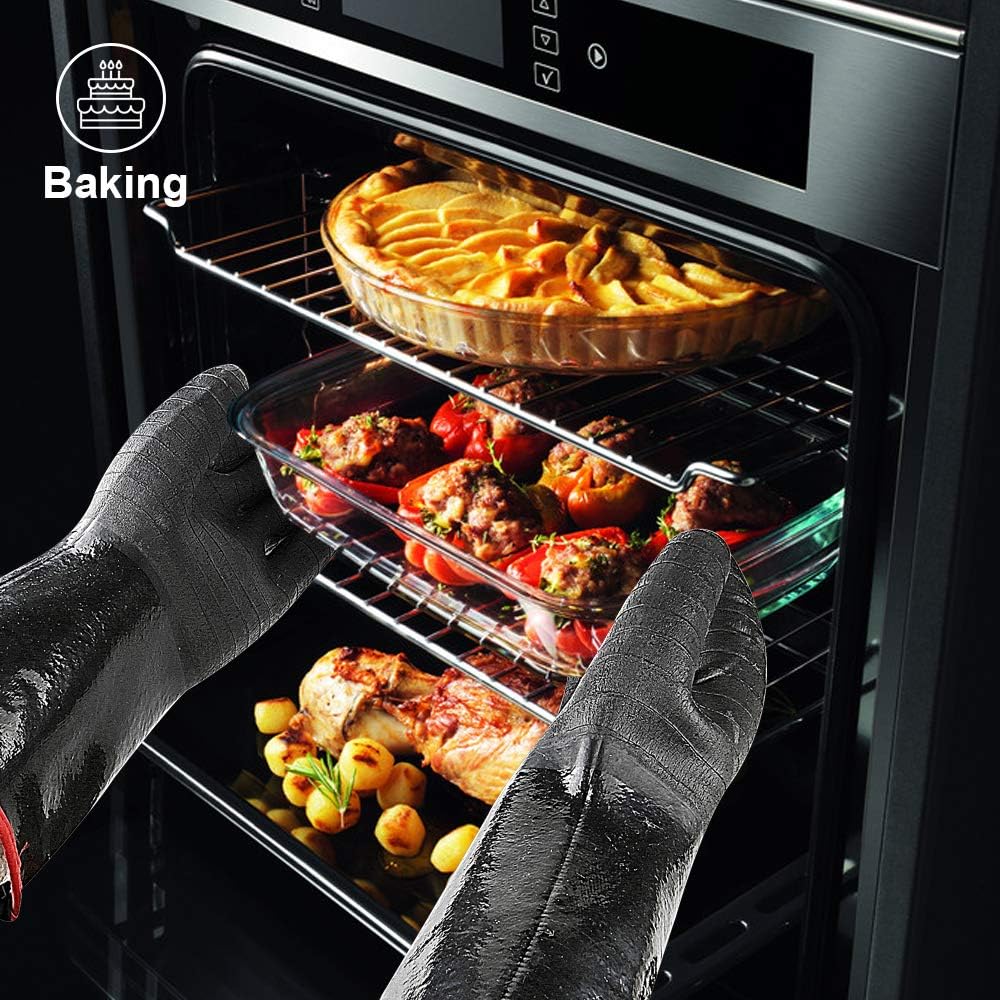 Person wearing oven mitts opening an oven with various dishes inside, including a pie and stuffed peppers.