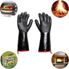 Pair of black gloves with red cuffs on a white background, surrounded by images of cooking activities.