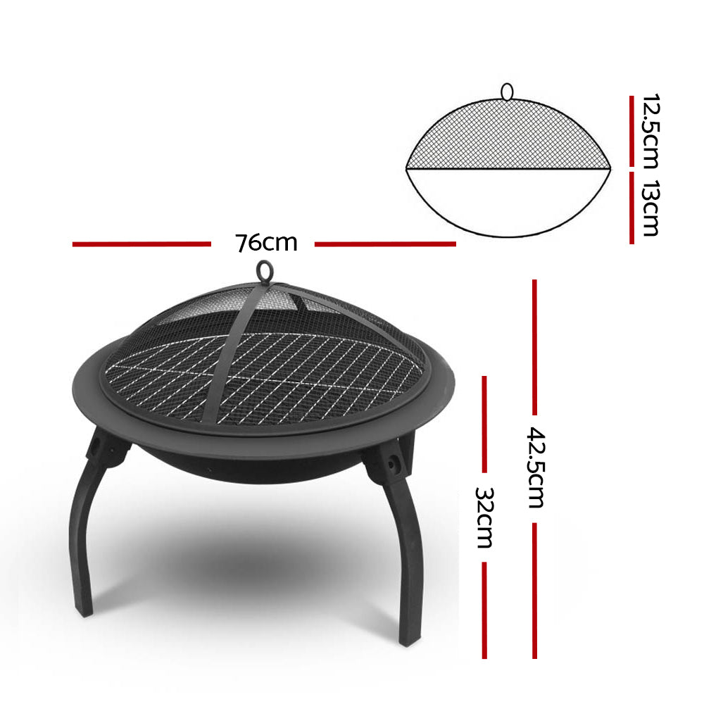 A portable black fire pit with a foldable design, featuring a mesh dome lid and a showing its dimensions, set on a white background.