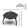 A portable black fire pit with a foldable design, featuring a mesh dome lid and a showing its dimensions, set on a white background.