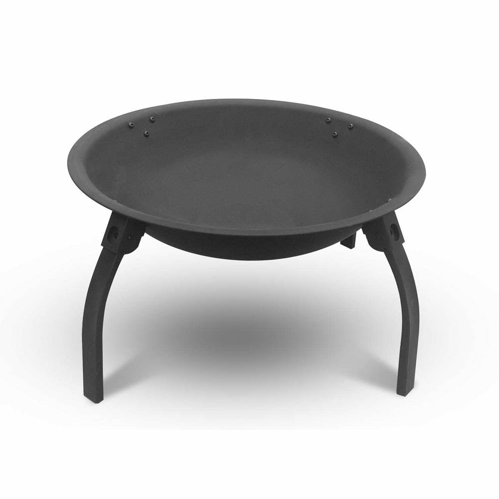 The base section of a portable black fire pit with a foldable design, set on a white background.
