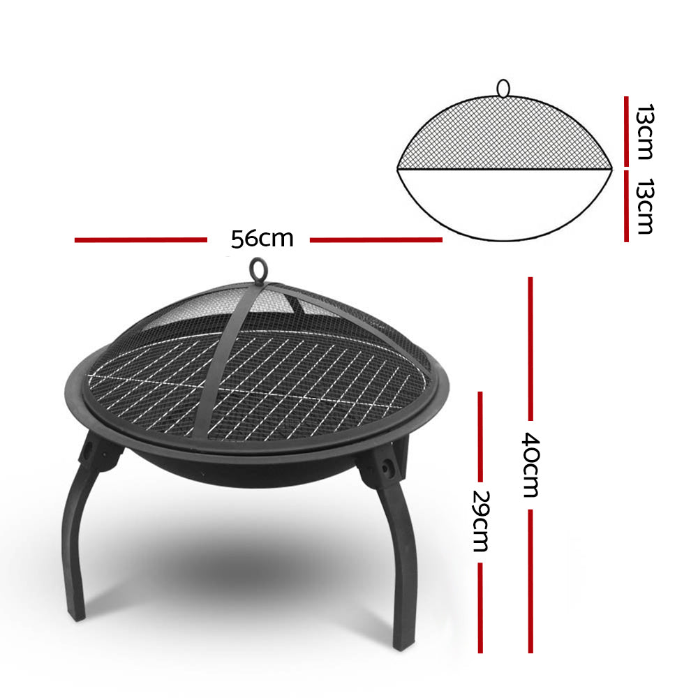 A portable black fire pit with a foldable design, featuring a mesh dome lid and a showing its dimensions, set on a white background.