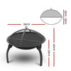 A portable black fire pit with a foldable design, featuring a mesh dome lid and a showing its dimensions, set on a white background.