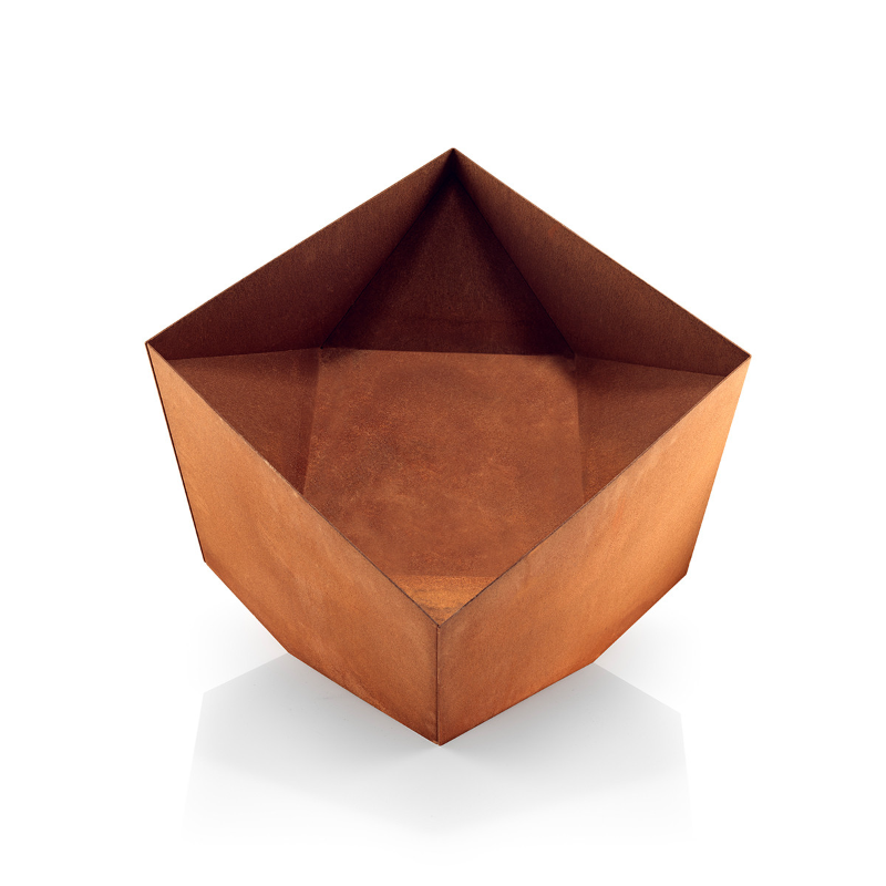 Eva Solo Firecube Fire Pit in corten steel front view on a white background.