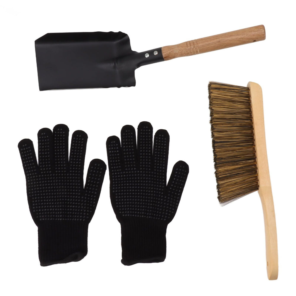 A 3-piece tool set including a black metal hand shovel with a wooden handle, a pair of black grip-coated gloves, and a wooden-handled brush with brown bristles, all arranged on a plain white background.