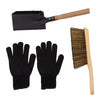 A 3-piece tool set including a black metal hand shovel with a wooden handle, a pair of black grip-coated gloves, and a wooden-handled brush with brown bristles, all arranged on a plain white background.