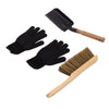 A tool set on a white background, including a black metal hand trowel with a wooden handle, a pair of black grip-coated gloves, and a brush with a light wood handle and brown bristles.