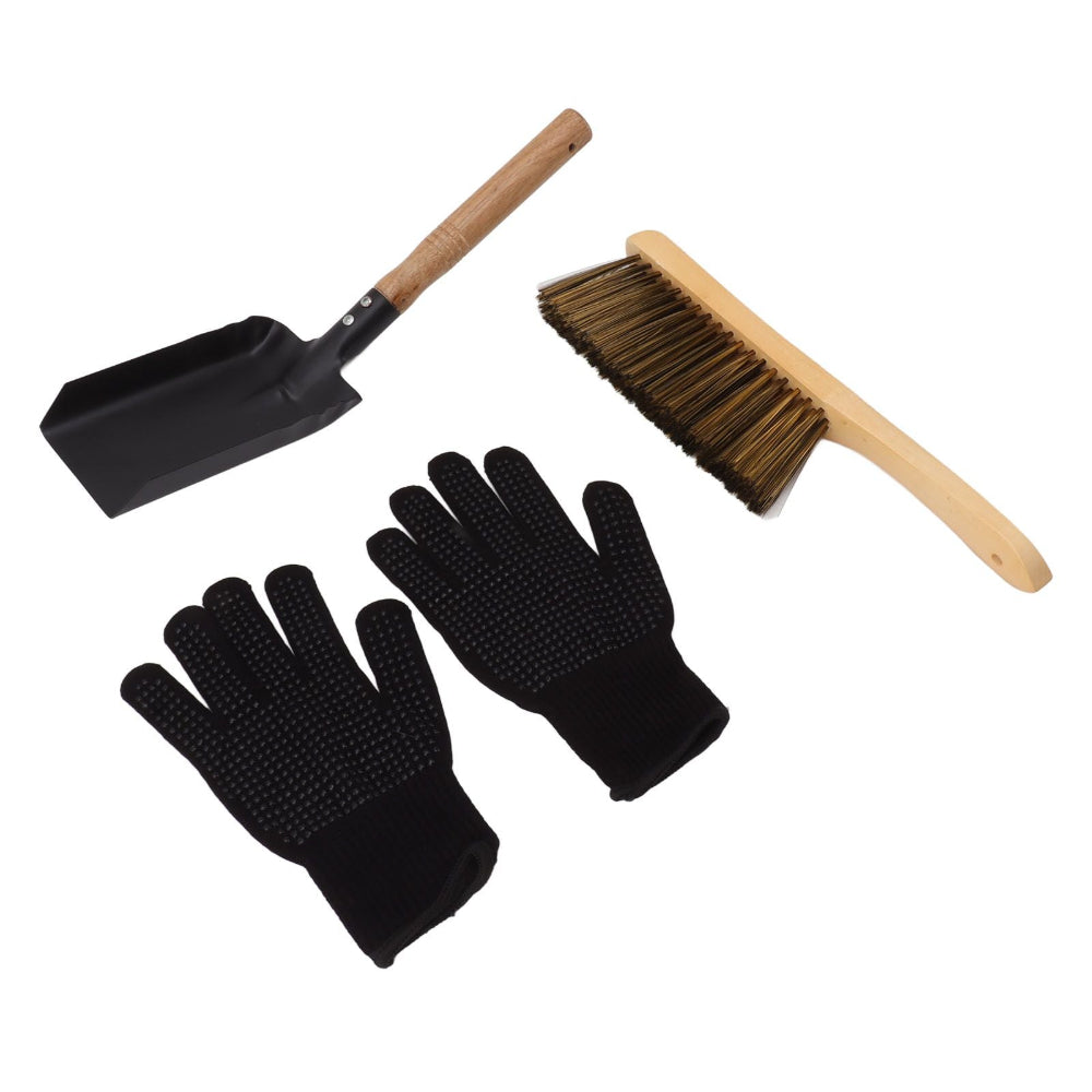 A 4-piece tool set including a black metal hand trowel with a wooden handle, a black-handled brush with brown bristles, and a pair of black grip-coated gardening gloves, displayed on a solid white background.
