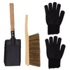 A 4-piece tool set including a black hand trowel with a wooden handle, a brush with a light wood handle and brown bristles, and a pair of black grip-coated work gloves, displayed on a solid white background.