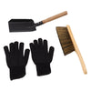 Tool set on a white background, including a black metal hand trowel with a wooden handle, a pair of black grip-coated gloves, and a brush with brown bristles and a light wood handle.