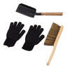 A tool set including a black metal trowel with a wooden handle, a pair of black grip-coated gloves, and a brush with natural bristles and a wooden handle, displayed on a white background.
