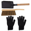 Tool set including a black metal trowel with a wooden handle, a brush with light wood handle and brown bristles, and a pair of black grip-coated gloves, shown on a plain white background.