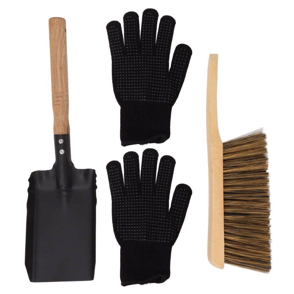 A 4-piece tool set including a black metal trowel with a wooden handle, a pair of black grip-coated gloves, and a brush with a light wood handle and brown bristles, all arranged on a plain white background.