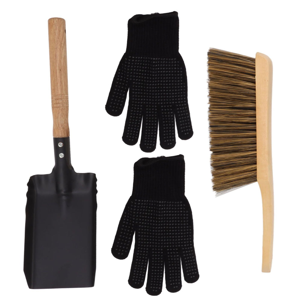 A tool set on a white background, including a black metal shovel with a wooden handle, a pair of black knit gloves with textured palms, and a wooden-handled brush with brown bristles.