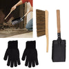 A fireplace cleaning set shown on a white background with a small inset photo of hands using the tools in a fireplace. The set includes a black metal fireplace scoop with a wooden handle, a black brush with brown bristles and a light wood handle, a pair of black grip gloves, and a black fireplace insert cleaner tool.