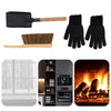 A set of fireplace and chimney cleaning tools shown on a white background, including a black metal shovel with a wooden handle, a brush with natural bristles and a wooden handle, and a pair of black heat-resistant gloves. Three inset photos at the bottom demonstrate use: cleaning a window, cleaning inside a stove/oven, and burning wood in a fireplace.