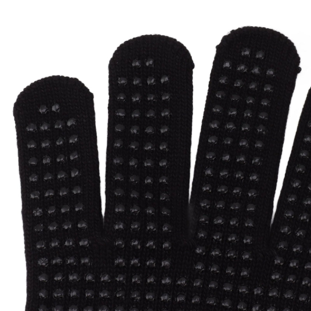 Close-up of a black knit glove with raised textured dots on the fingers, shown against a plain white background.