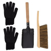 A tool set on a white background, including a pair of black textured gloves, a small black-handled shovel with a wooden handle, and a brush with a wooden handle and brown bristles.