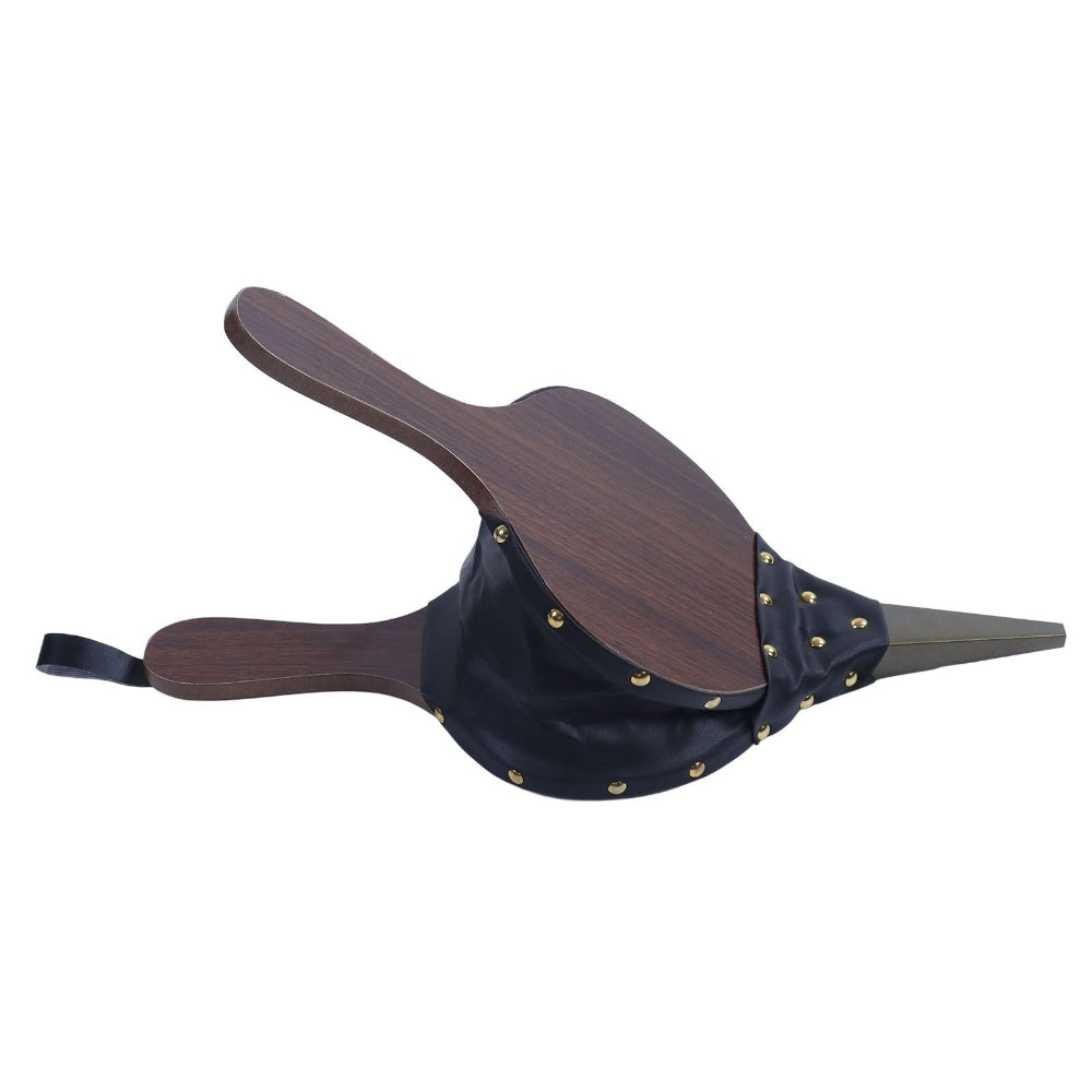 A fireplace bellow with a dark brown wooden paddle handle and a black fabric body adorned with brass studs, shown on a plain white background.
