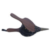 A fireplace bellow with a dark brown wooden paddle handle and a black fabric body adorned with brass studs, shown on a plain white background.