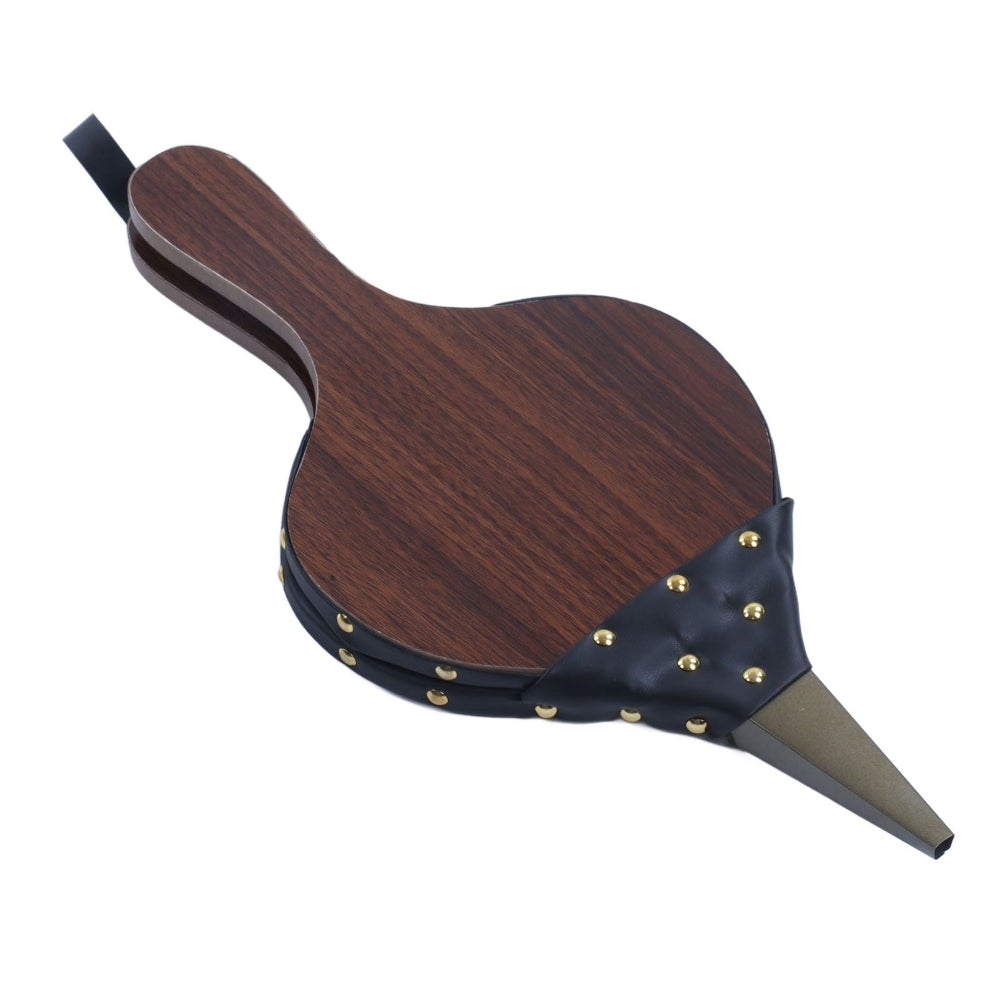 A wooden fireplace bellow tool with a dark brown wood-grain finish, black leather trim, brass-tone rivets, and a pointed metal tip, shown on a plain white background.