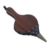 A wooden fireplace bellow tool with a dark brown wood-grain finish, black leather trim, brass-tone rivets, and a pointed metal tip, shown on a plain white background.