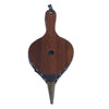 A wooden fireplace bellow shown from the back, featuring a dark brown wood grain finish, black leather binding with brass studs, and a metal blowhole at the pointed bottom, isolated on a white background.