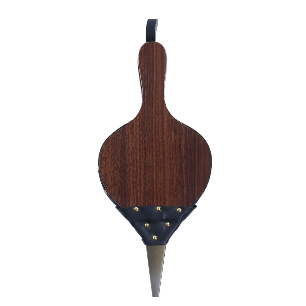 A fireplace bellow featuring a dark brown wood-grain body, a black leather hanging loop at the top, a black leather lower section with gold-tone studs, and a silver metal spike at the bottom, shown against a plain white background.