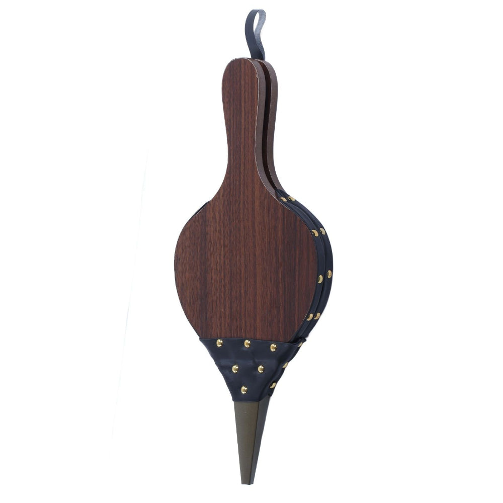 A fireplace bellow with a dark brown wood-grain finish, black trim, brass grommets, and a pointed dark metal tip, shown against a plain white background.