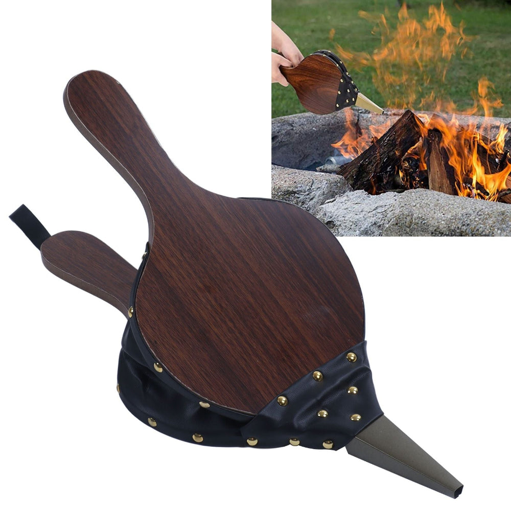 A dark wood and black studded fire tool with a pointed metal tip is shown on a white background, with a small inset photo of the tool being used over a campfire outdoors.