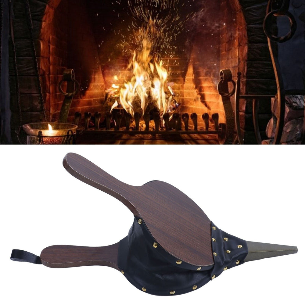 A split image showing a fireplace scene on top and a clean product shot of a black leather and dark wood fireplace   bellow tool on a white background on the bottom.