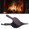 A split image showing a fireplace scene on top and a clean product shot of a black leather and dark wood fireplace   bellow tool on a white background on the bottom.