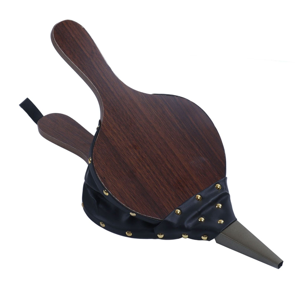 A wooden fireplace bellow tool with a dark brown wood-grain finish, black fabric lower section, gold-tone metal studs, and a gray pointed tip, shown on a plain white background.