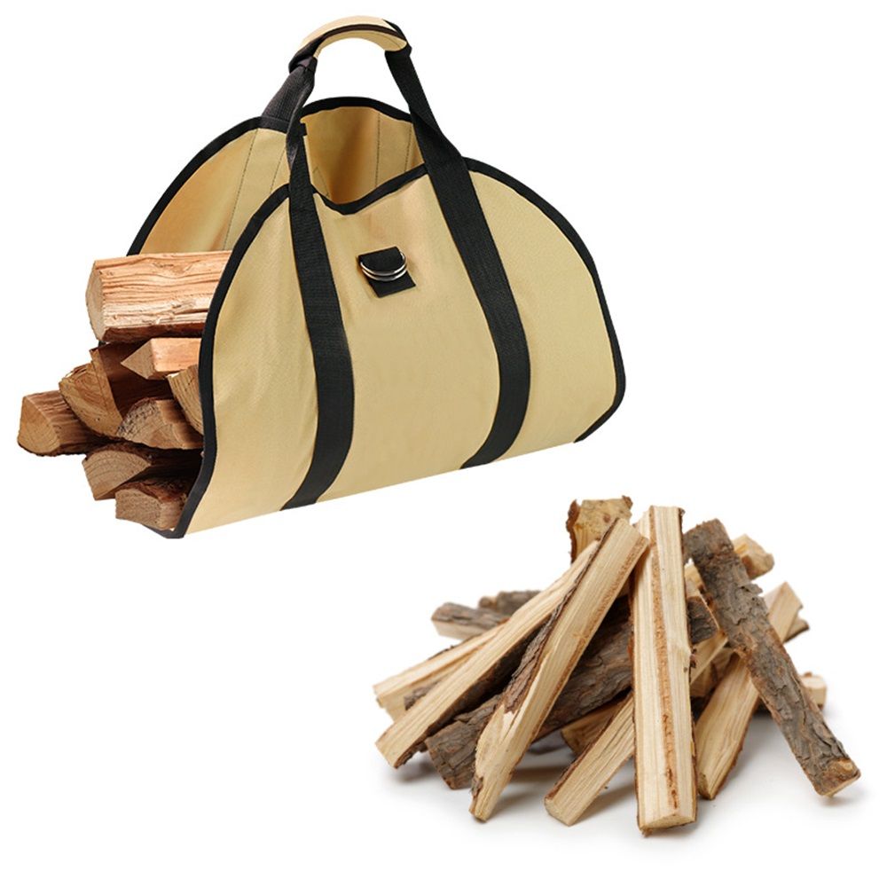 Beige carrying bag with black straps holding wooden logs on a white background