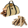 Beige carrying bag with black straps holding wooden logs on a white background