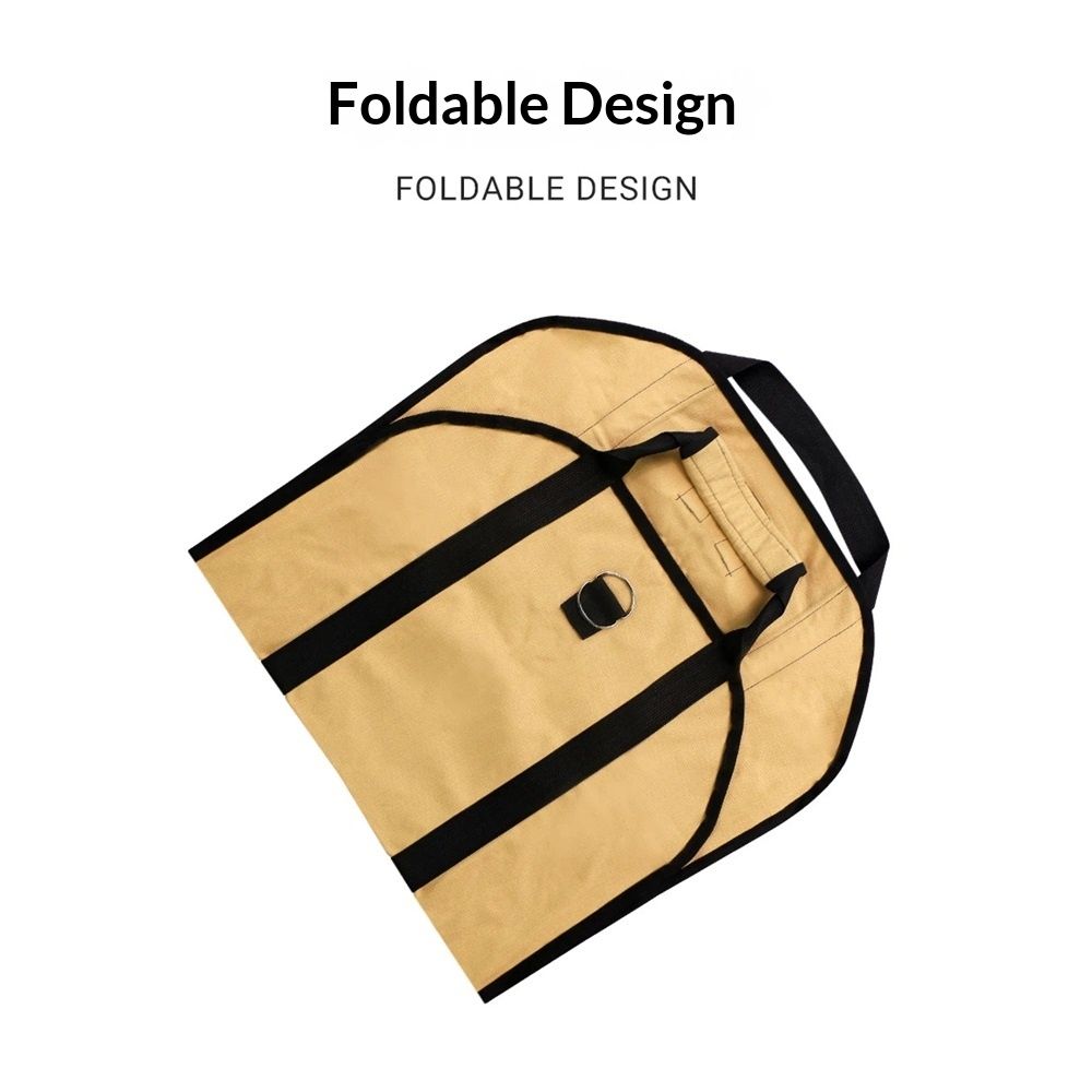 A tan foldable duffel bag with black trim and handles, shown on a white background with the text 'Foldable Design' and 'FOLDABLE DESIGN' above it.