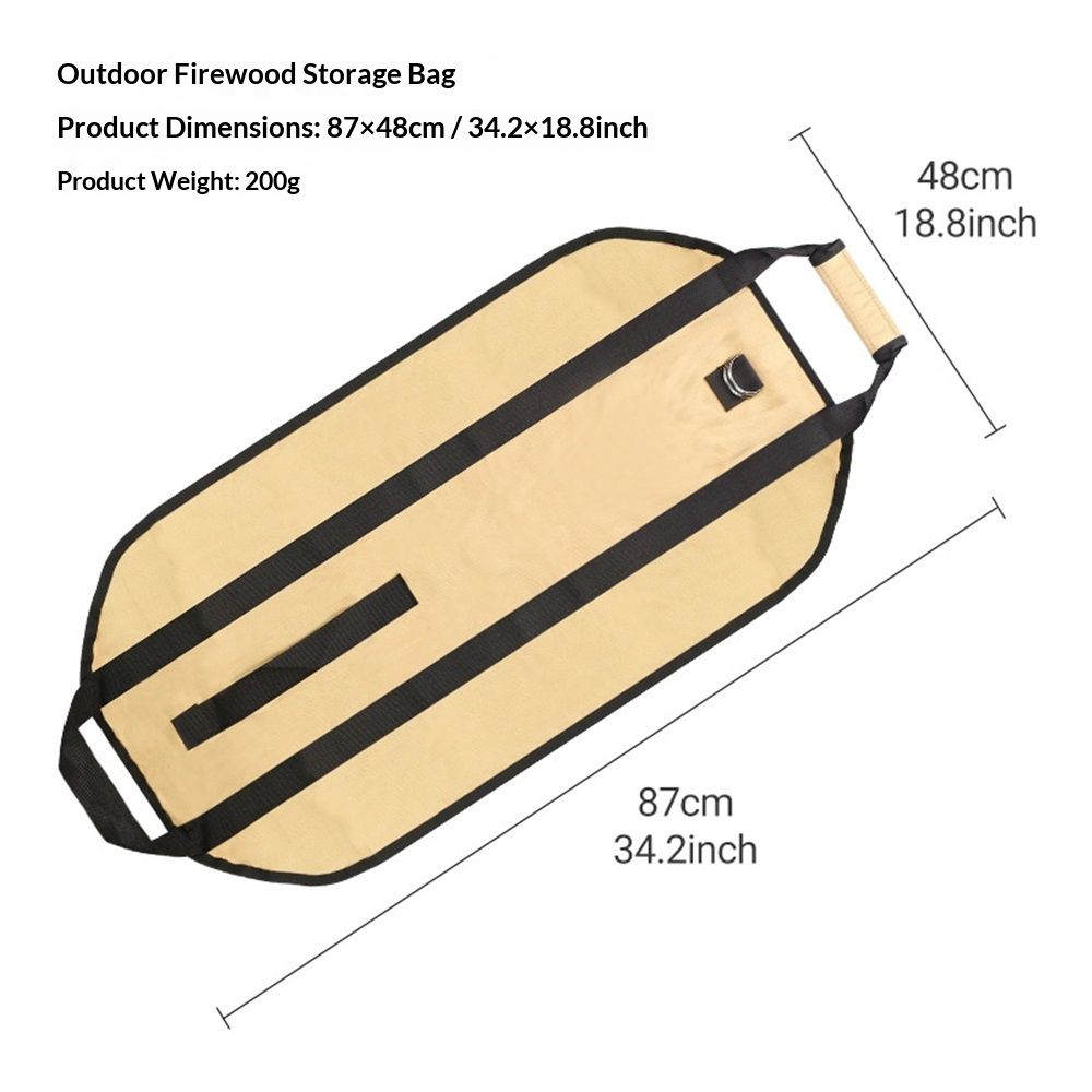 Outdoor firewood storage bag shown on a white background with dimension lines and text indicating product dimensions of 87x48 cm (34.2 x 18.
