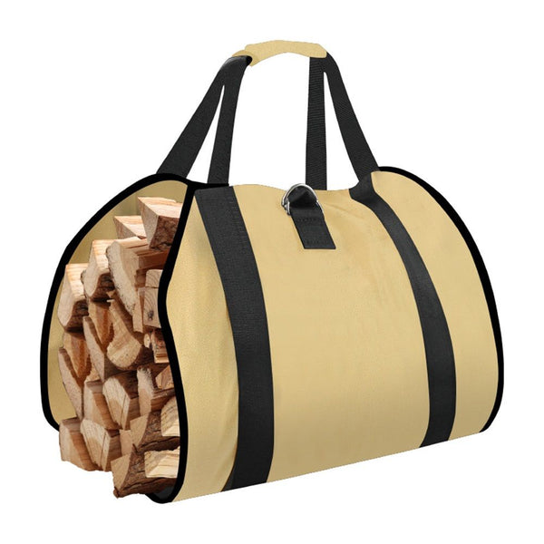 A beige duffel-style bag with black handles and black side trim, shown on a white background with stacked firewood visible through the open side.
