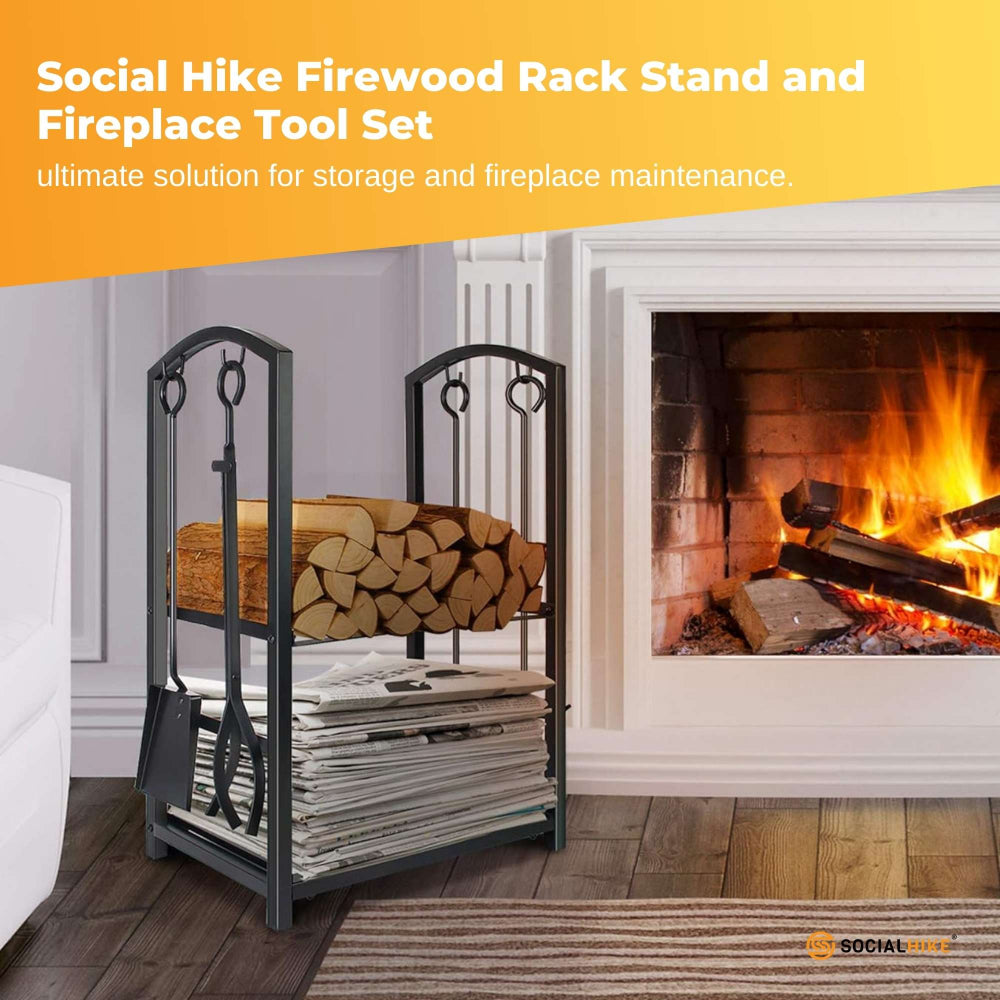 Firewood rack stand with firewood and fireplace tool set in front of a burning fireplace.