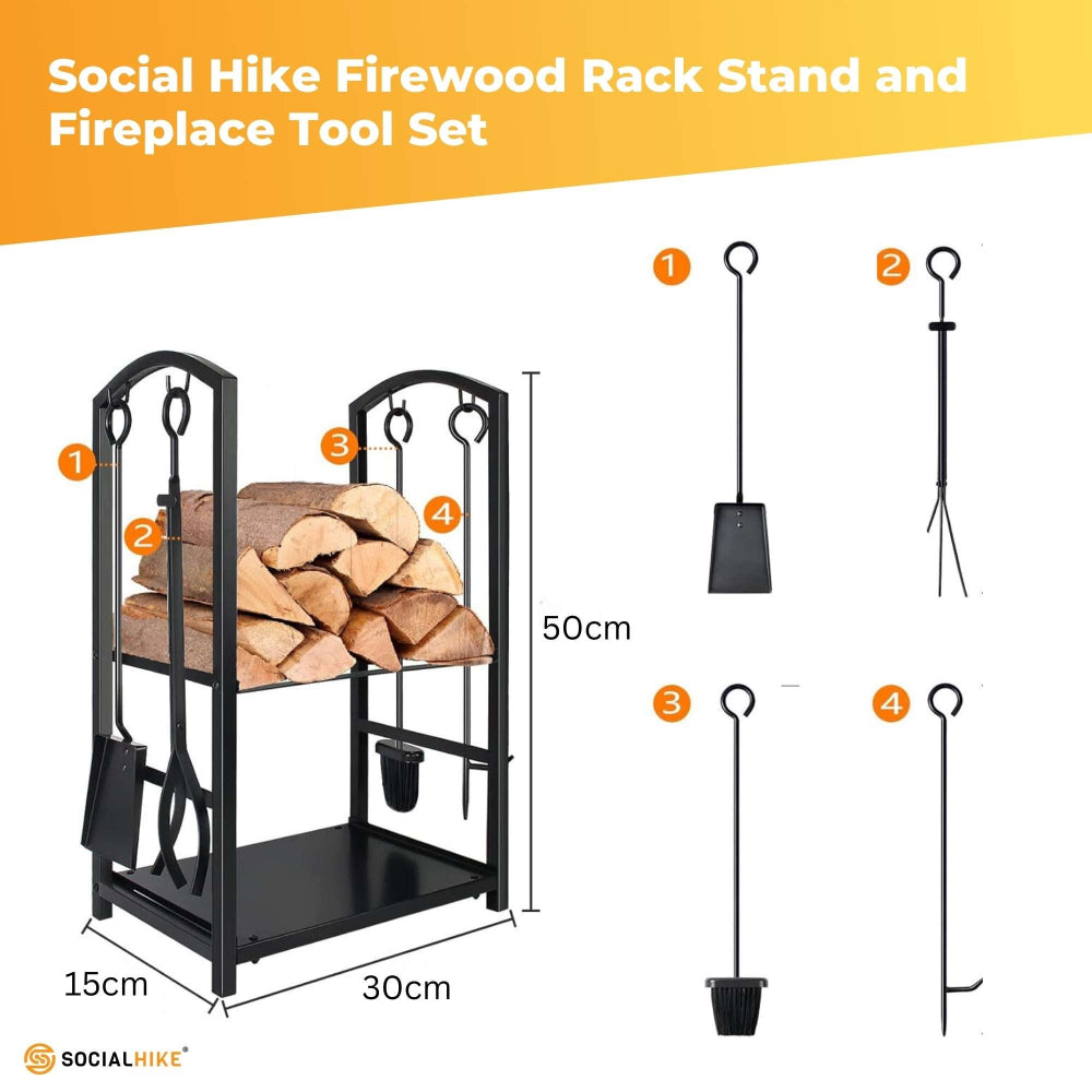 Firewood rack stand with fireplace tools on a white background