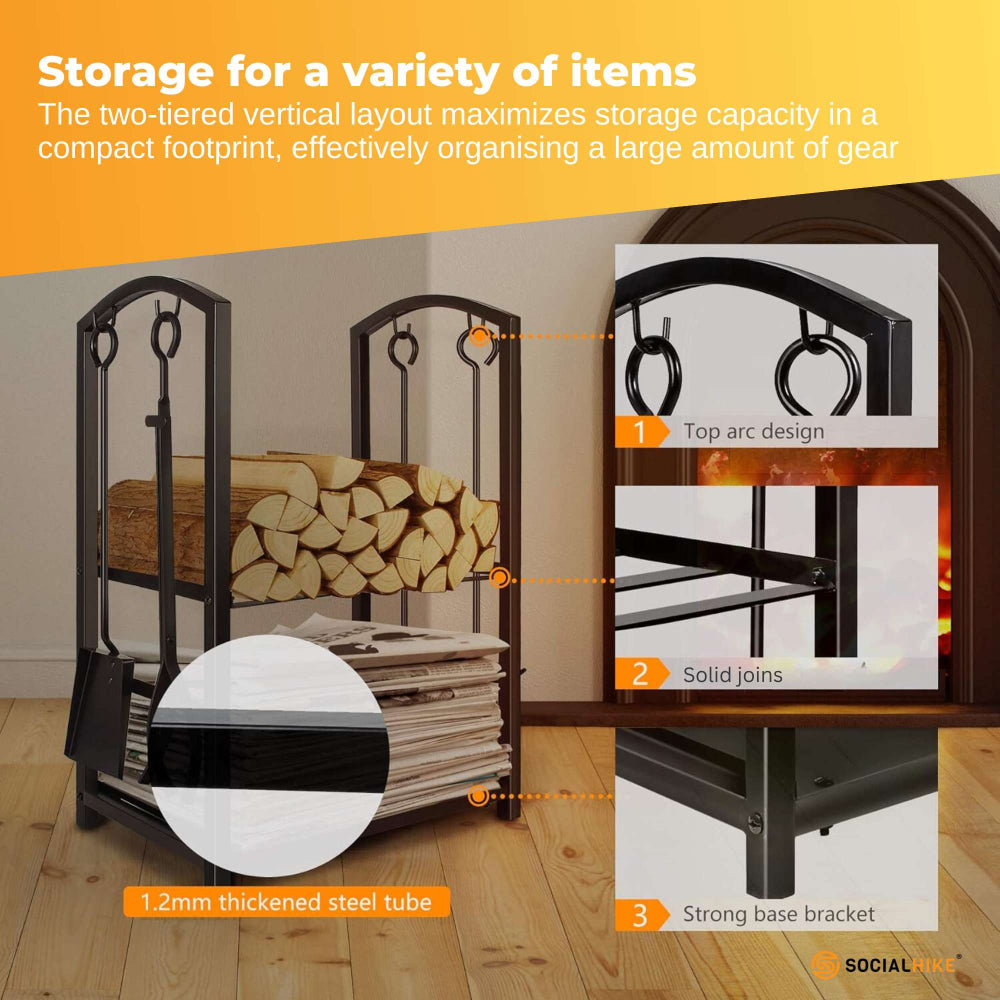 Two-tiered vertical storage rack with firewood and books, featuring text on storage capacity and design features.