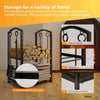 Two-tiered vertical storage rack with firewood and books, featuring text on storage capacity and design features.