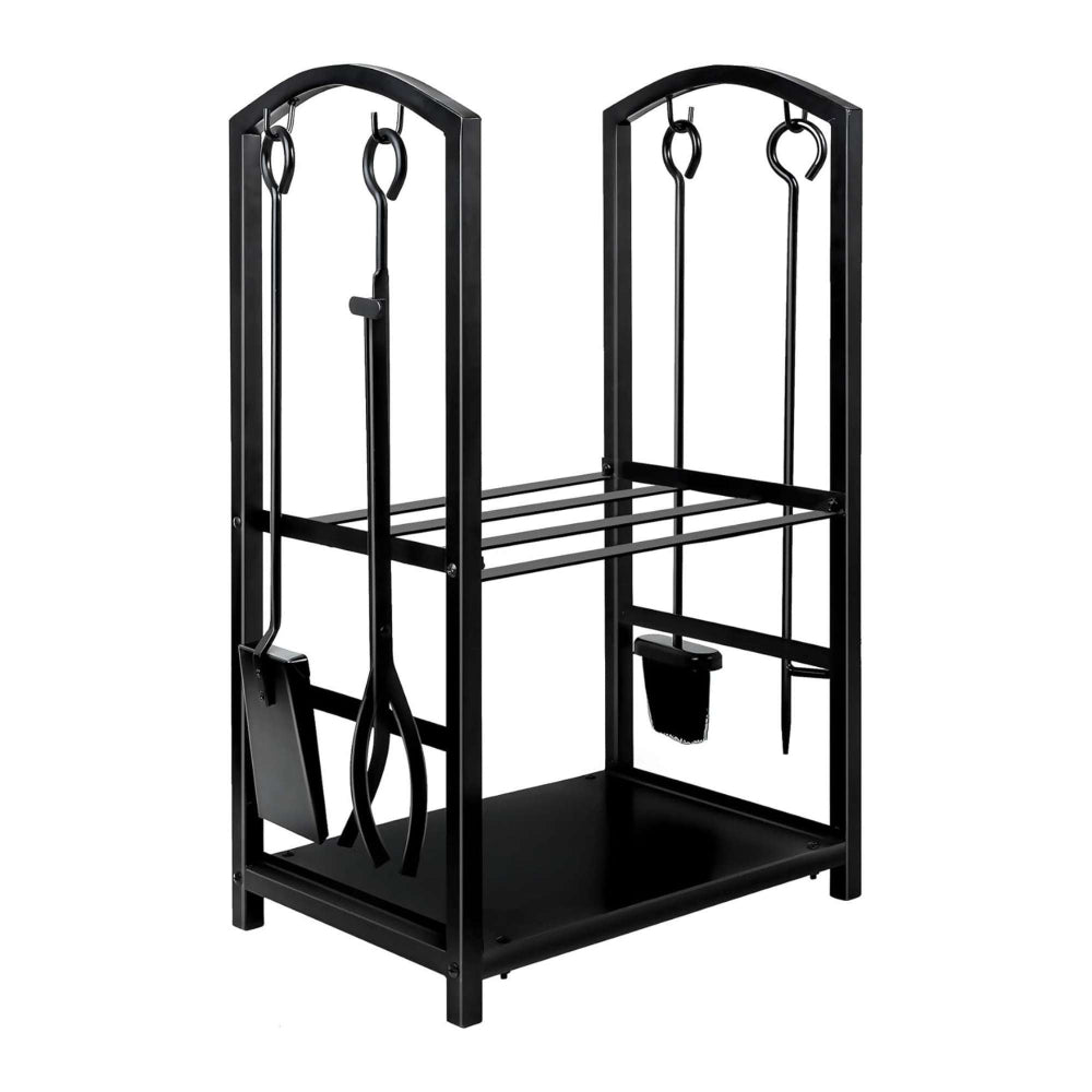 Black metal fireplace tool set with stand on a white background