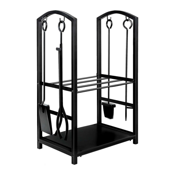 Black metal fireplace tool set with stand on a white background