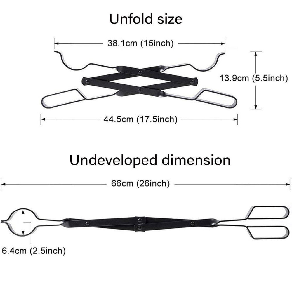Measurement chart showing dimensions of a grill fireplace tongs tool