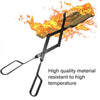 Fire tongs holding a wooden plank with flames, labeled 'High quality material resistant to high temperature'.
